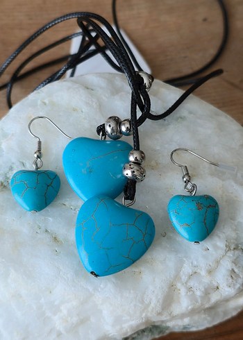 Turkuaz Kalp Boncuklu Bohem Kolye ve Küpe Seti - Görsel 3