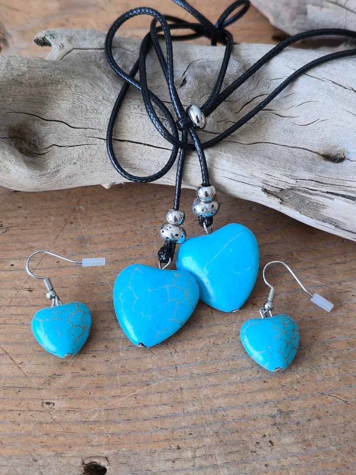 Turkuaz Kalp Boncuklu Bohem Kolye ve Küpe Seti - Görsel 5