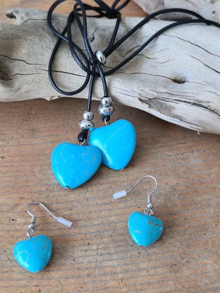 Turkuaz Kalp Boncuklu Bohem Kolye ve Küpe Seti - Görsel 4