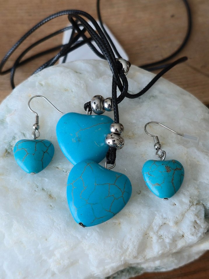 Turkuaz Kalp Boncuklu Bohem Kolye ve Küpe Seti - Görsel 3