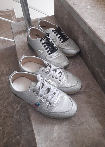 39 Beden 2 ADET Beyaz Gri Spor Ayakkabı, Düz Taban, Sokak Stili