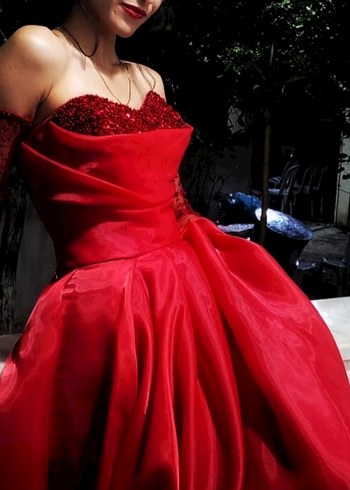 Kırmızı Straplez Uzun Abiye Elbise - Görsel 2