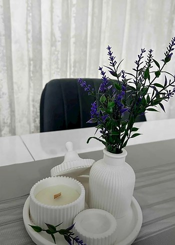 5 Li Beyaz Seramik Mum ve Vazo Seti - Görsel 2