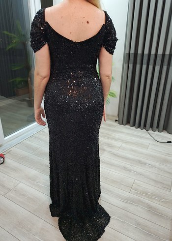 Pul İşlemeli Siyah Uzun V Yaka Abiye Elbise - Görsel 2