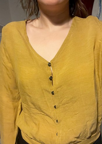Sarı V Yaka Düğmeli Kadın Keten Gömlek - Görsel 2
