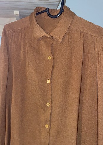 Düğmeli, Kahverengi, Uzun Kollu Kadın Gömlek - Görsel 2
