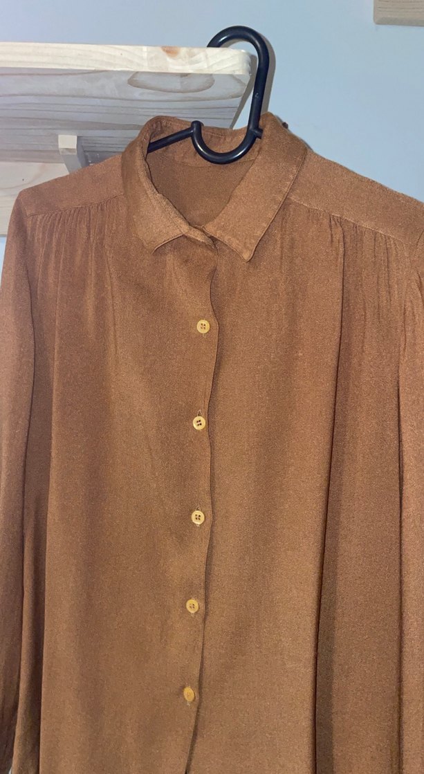 Düğmeli, Kahverengi, Uzun Kollu Kadın Gömlek - Görsel 2