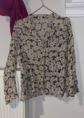 Vintage Çiçek Desenli V-Yaka Uzun Kollu Gömlek - Görsel 3