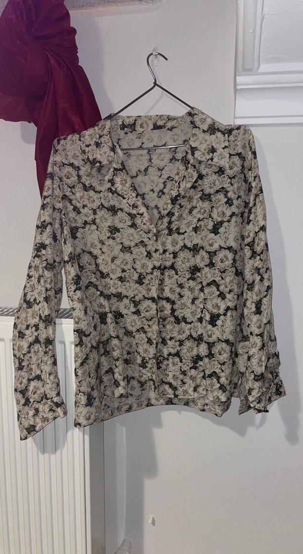 Vintage Çiçek Desenli V-Yaka Uzun Kollu Gömlek - Görsel 3