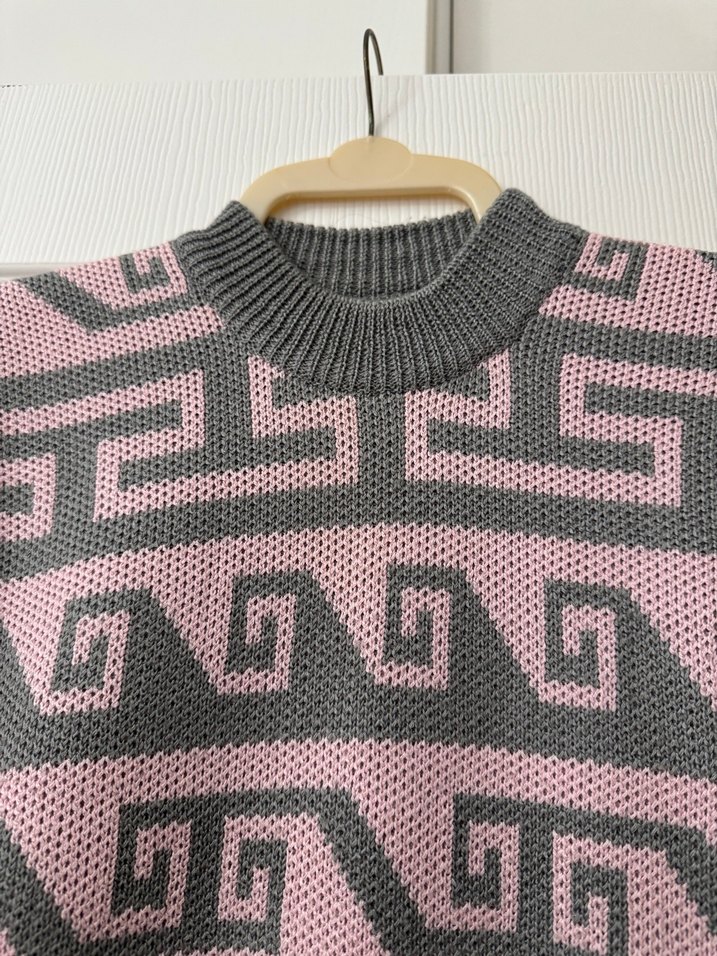 GRİ - PEMBE DESENLİ  UZUN TUNİK KAZAK - Görsel 3