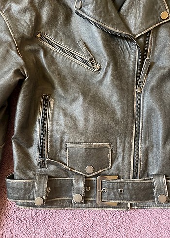 Eskitme efektli hakiki biker deri ceket - Görsel 3