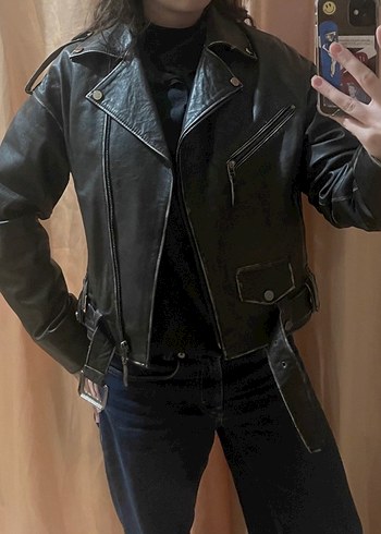 Eskitme efektli hakiki biker deri ceket - Görsel 6