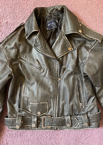 Eskitme efektli hakiki biker deri ceket - Görsel 2