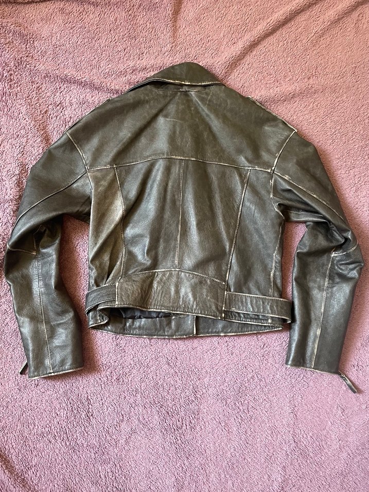 Eskitme efektli hakiki biker deri ceket - Görsel 5