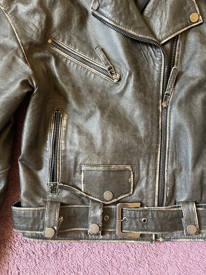 Eskitme efektli hakiki biker deri ceket - Görsel 3