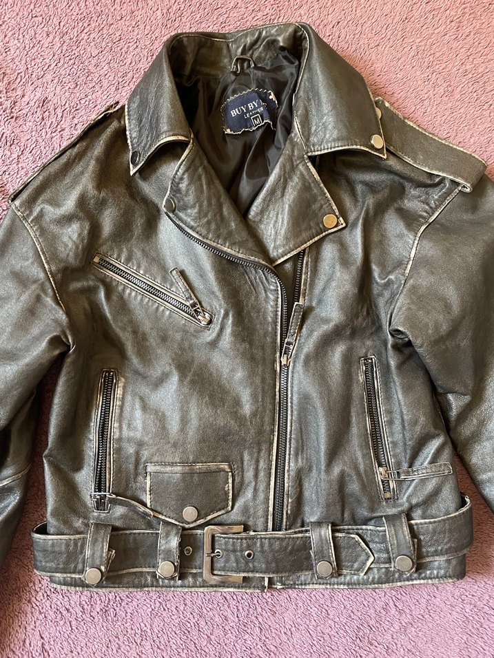 Eskitme efektli hakiki biker deri ceket - Görsel 2