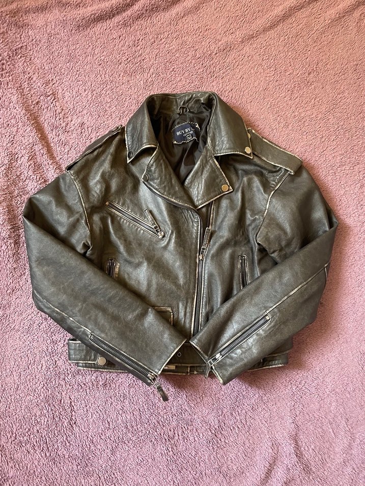 Eskitme efektli hakiki biker deri ceket - Görsel 4