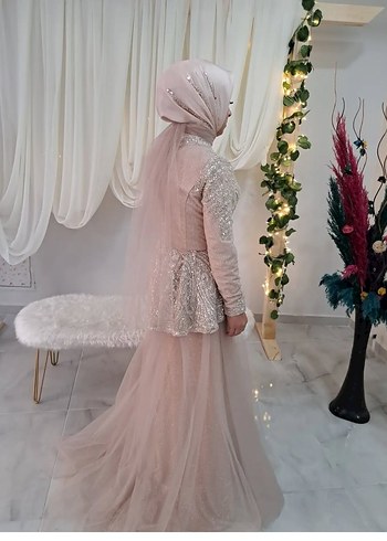 Pudra Pembe Drapeli Uzun Kollu Tesettür Nişan Elbisesi40 beden