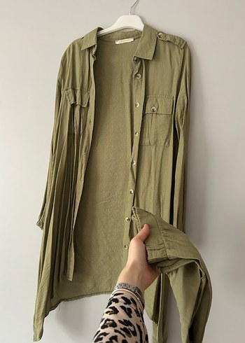 Kadın Keten Gömlek V Yaka Düğmeli - Görsel 4