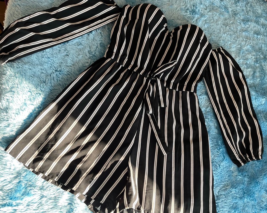 Siyah Çizgili Uzun Kollu Mini Tulum - Görsel 2