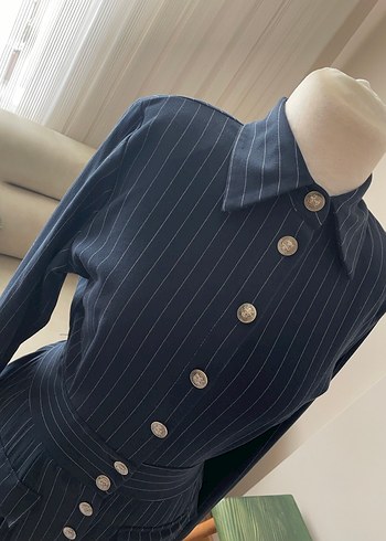 Düğmeli Lacivert Çizgili Vintage Kadın Takım - Görsel 2