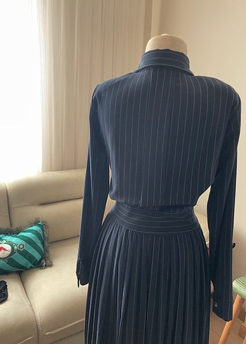 Düğmeli Lacivert Çizgili Vintage Kadın Takım - Görsel 4