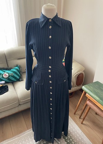 Düğmeli Lacivert Çizgili Vintage Kadın Takım - Görsel 3