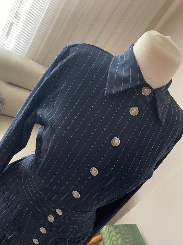 Düğmeli Lacivert Çizgili Vintage Kadın Takım - Görsel 2