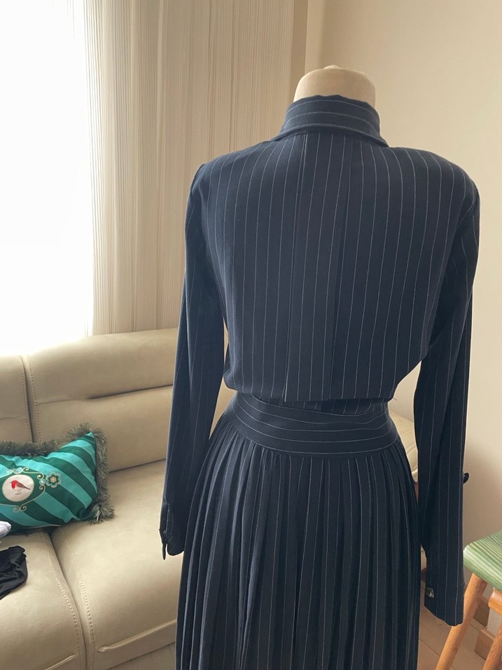 Düğmeli Lacivert Çizgili Vintage Kadın Takım - Görsel 4