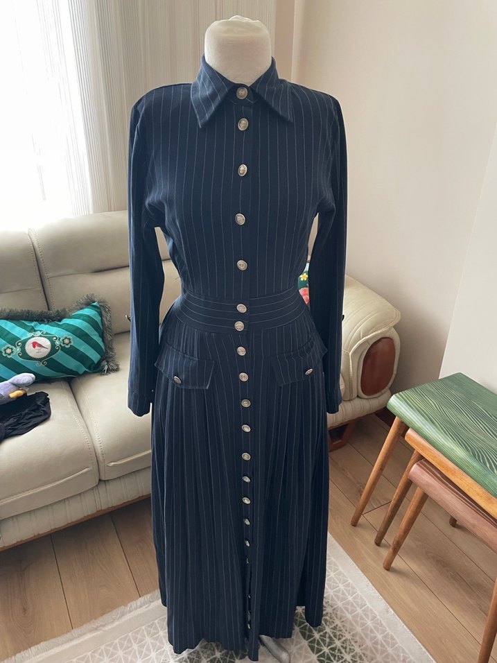 Düğmeli Lacivert Çizgili Vintage Kadın Takım - Görsel 3