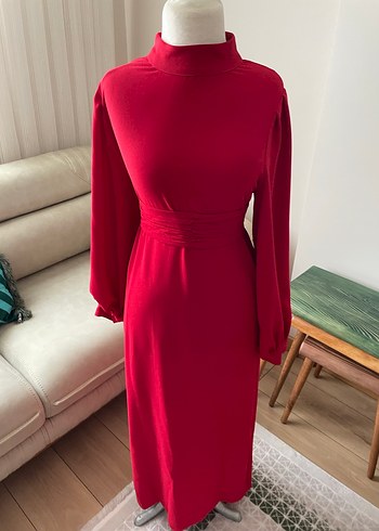 Klasik Kırmızı Uzun Kollu Uzun Elbise - Görsel 4