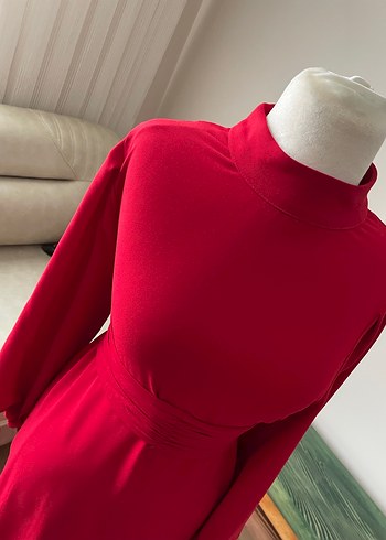 Klasik Kırmızı Uzun Kollu Uzun Elbise - Görsel 3