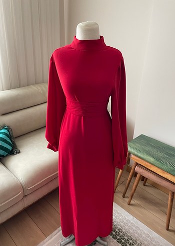 Klasik Kırmızı Uzun Kollu Uzun Elbise - Görsel 2