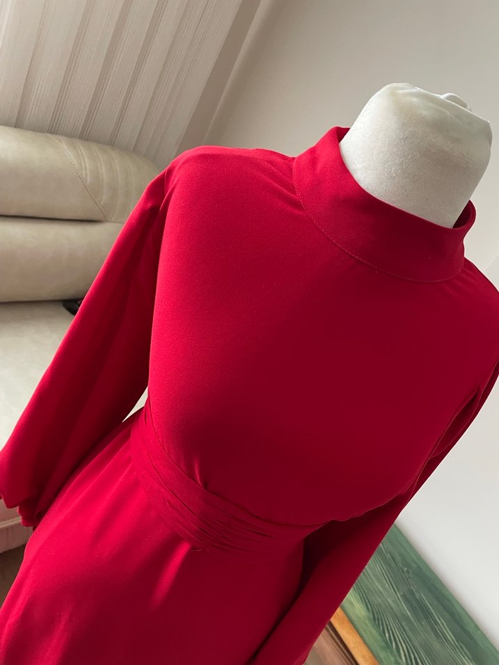 Klasik Kırmızı Uzun Kollu Uzun Elbise - Görsel 3