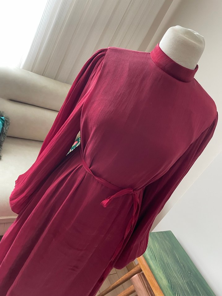 Bordo Uzun Kollu Kadın Uzun Elbise - Görsel 2