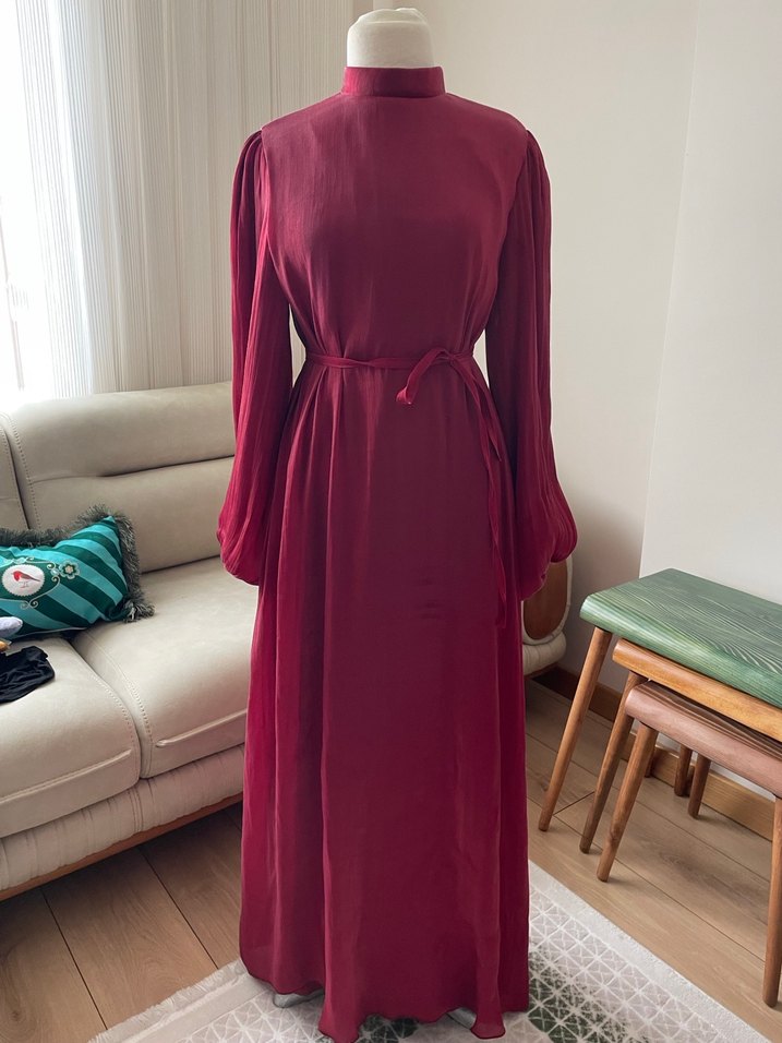 Bordo Uzun Kollu Kadın Uzun Elbise - Görsel 3