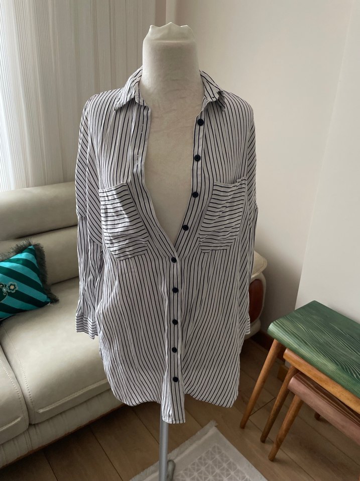 Çizgili, Uzun Kollu, Pamuklu Kadın Gömlek - Görsel 2