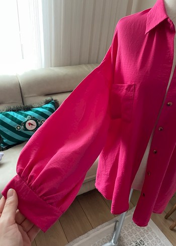 Düğmeli Pembe Kadın Gömlek - Görsel 3