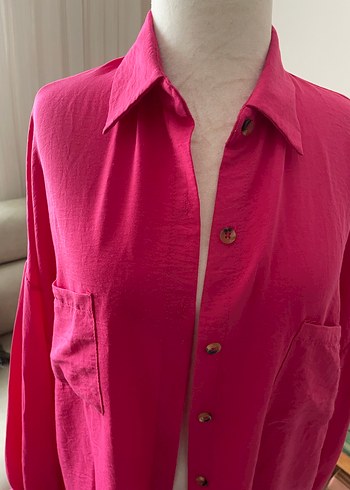 Düğmeli Pembe Kadın Gömlek - Görsel 2