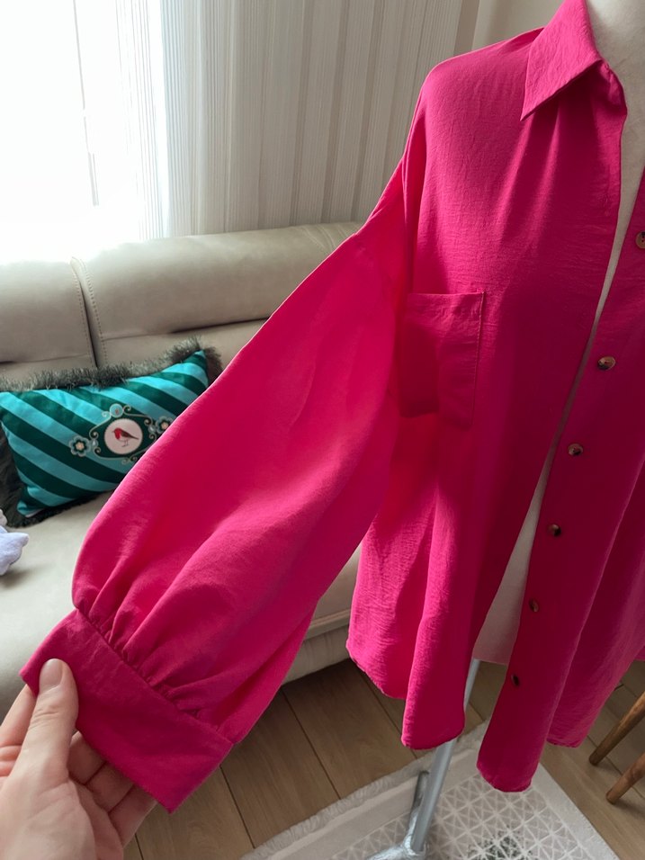Düğmeli Pembe Kadın Gömlek - Görsel 3