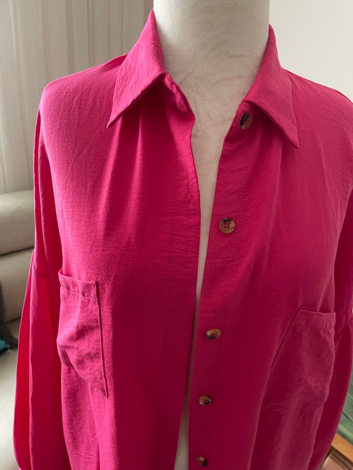 Düğmeli Pembe Kadın Gömlek - Görsel 2