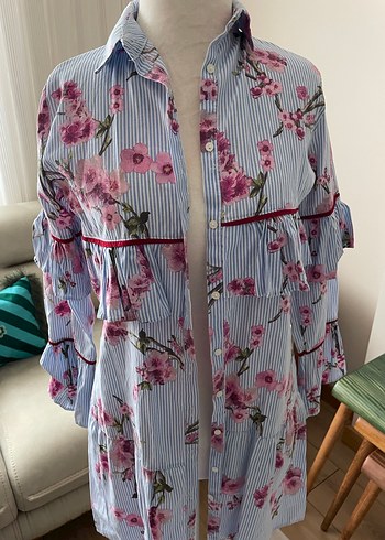 Pembe Çiçekli Uzun Kollu Pamuklu Gömlek - Görsel 2