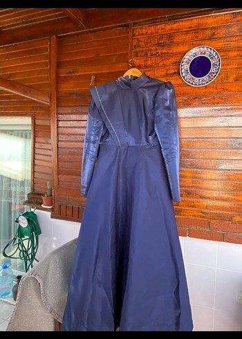 Lacivert Uzun Kollu Gotik Kadın Elbise - Görsel 2