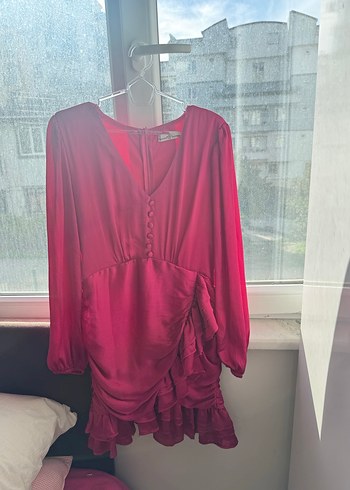 Bordo Parlak Midi Elbise, Uzun Kollu, V Yaka - Görsel 4