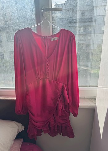 Bordo Parlak Midi Elbise, Uzun Kollu, V Yaka - Görsel 5