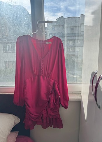 Bordo Parlak Midi Elbise, Uzun Kollu, V Yaka - Görsel 2