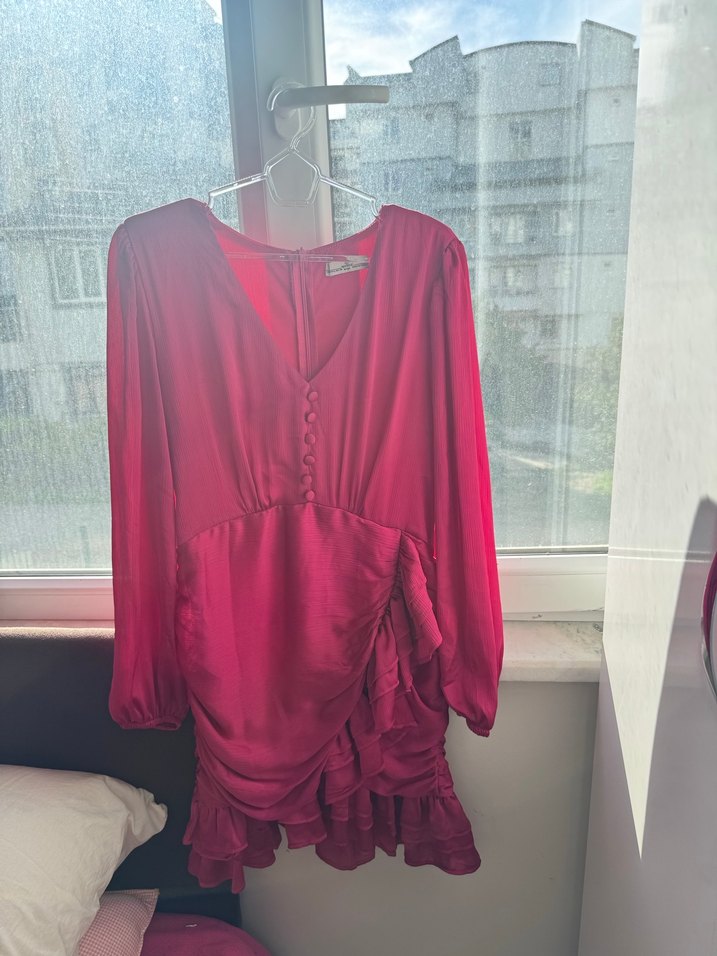 Bordo Parlak Midi Elbise, Uzun Kollu, V Yaka - Görsel 4