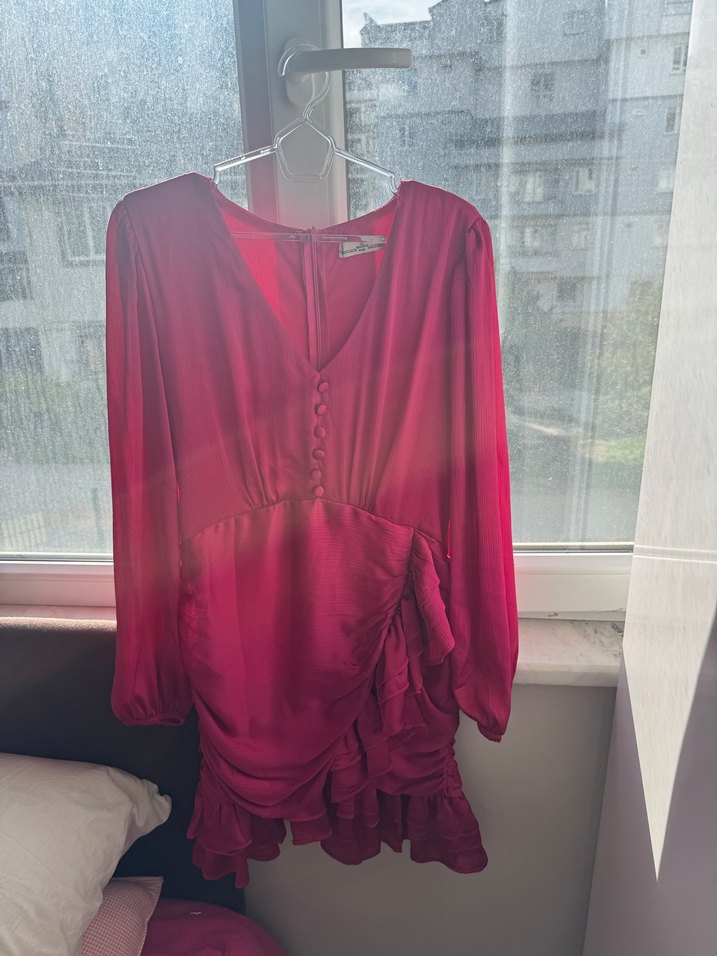 Bordo Parlak Midi Elbise, Uzun Kollu, V Yaka - Görsel 5