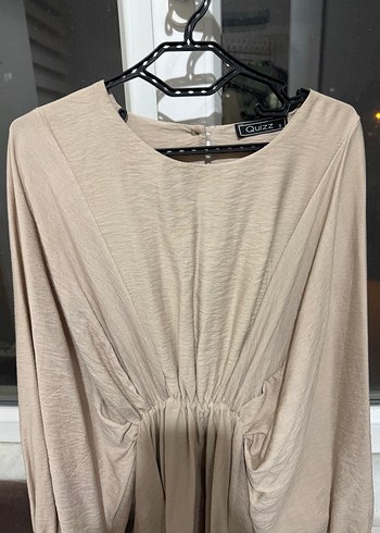 Bej V Yaka Midi Keten elbise - Görsel 2