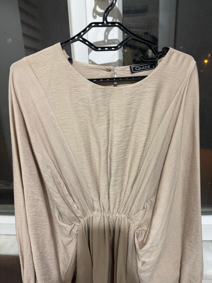 Bej V Yaka Midi Keten elbise - Görsel 2